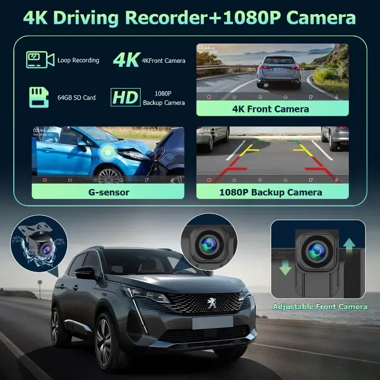Carplay за кола 9.3'' IPS сензорен екран, с 4K HD Dash Cam+1080P задна — снимка 3
