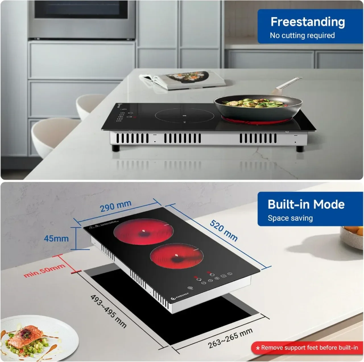 Керамичен котлон AMZCHEF, 3000W с 2 зони, настолен или вграден, 9 нива — снимка 4