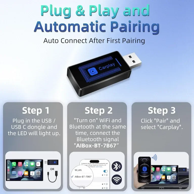 Безжичен CarPlay адаптер (2025) за iPhone - Plug & Play USB конвертор, автомобили 2016+ и iOS 10+ — снимка 6