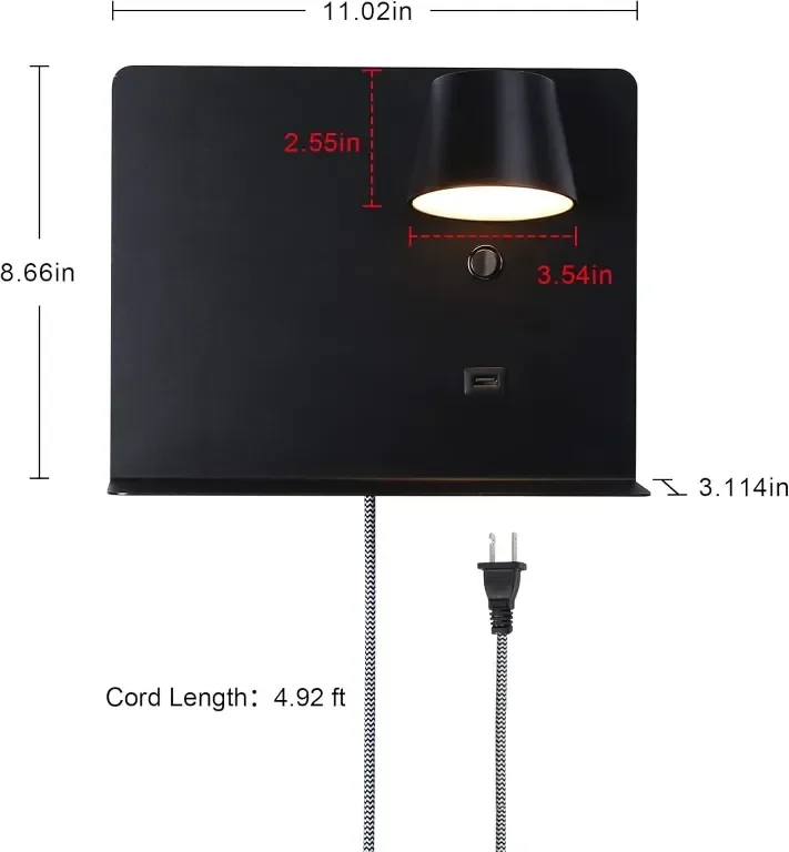 SUNLLOK Модерна LED стенна лампа с USB порт и рафт, черна — снимка 3