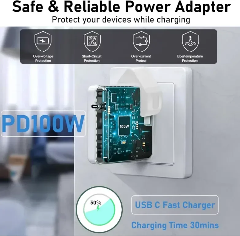 100W супер бързо зареждане, MacBook Pro зарядно устройство, с 1,8M USB C към C кабел — снимка 3
