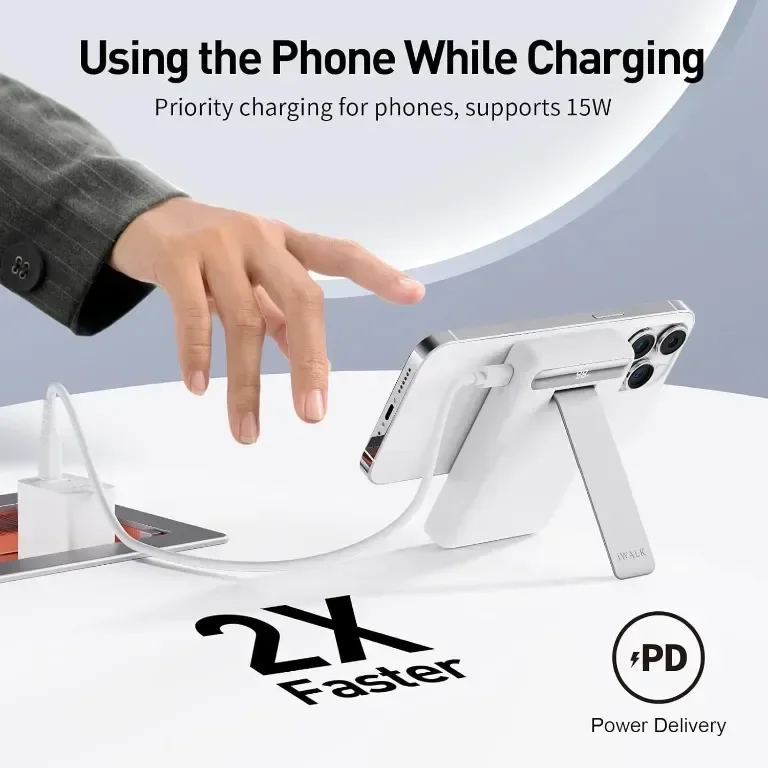 iWALK външна магнитна батерия с многоъглова регулируема стойка, Qi2 10000mAh 15W с LED дисплей, бяла — снимка 5