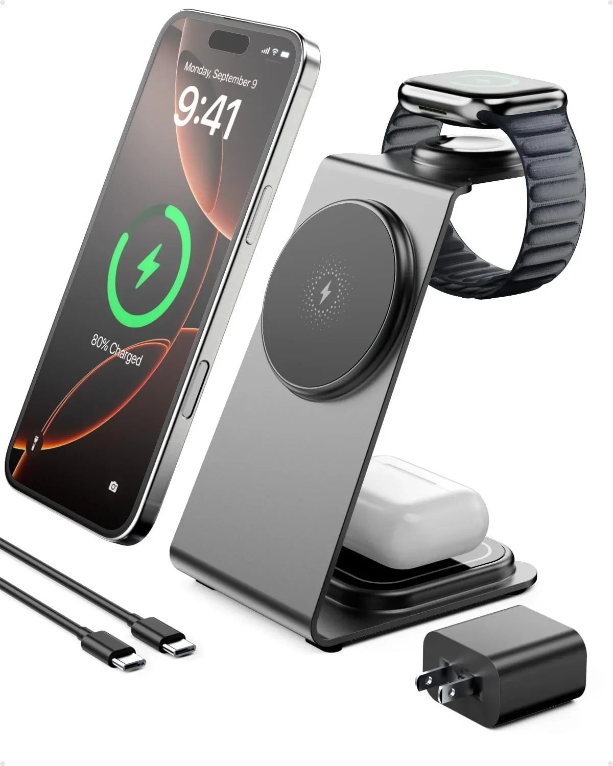 Intoval 3в1 безжична зарядна станция за iPhone, Apple Watch и AirPods (магнитно/безжично зареждане)