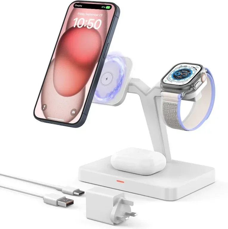 JoyGeek 3-в-1 безжична магнитна зарядна станция за iPhone 15/14/13/12, Apple Watch, Air Pods Pro