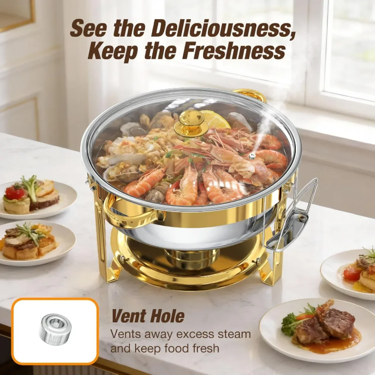 Комплект за бюфет WARMOUNTS 6L Gold Chafing Dish, 2 броя, кръгли съдове за затопляне с капак — снимка 3