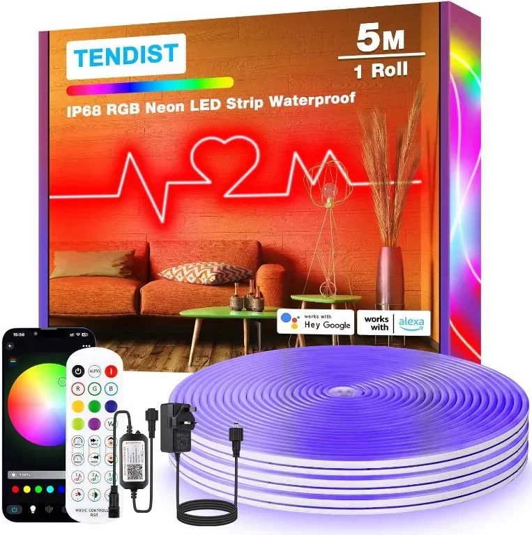 TENDIST 5M RGB LED неонови въжени светлини за открито, IP68 WiFi Гъвкава LED неонова лента, 24V