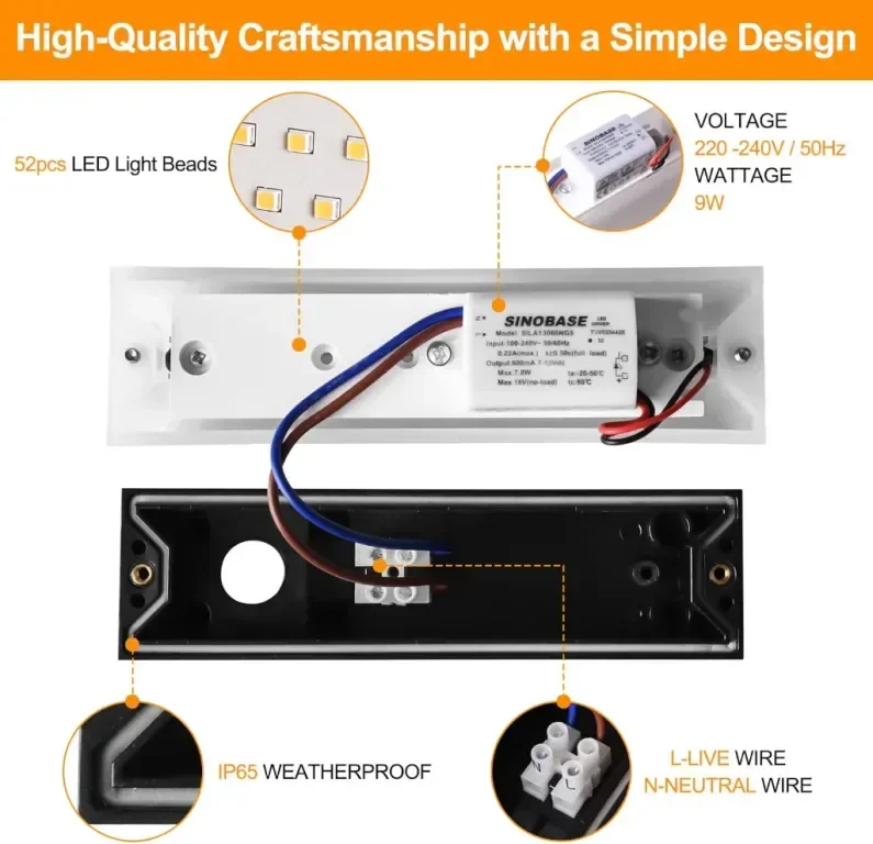 FUDESY LED стенна лампа, 9W 3000K аплик - нагоре и надолу, IP65, модерна черна — снимка 3