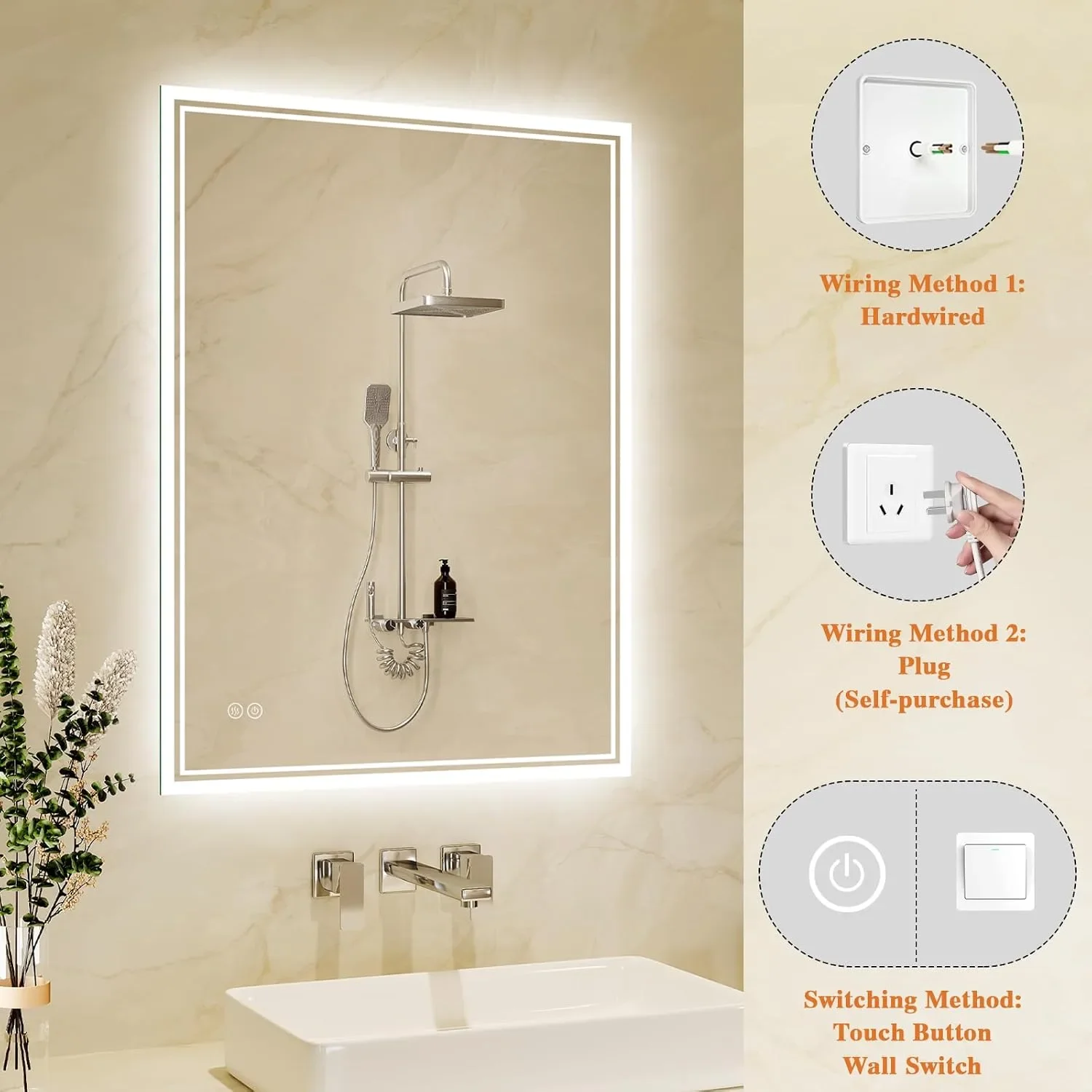 LED огледало за баня с подсветка, анти-мъгла и водоустойчивост IP44, 50х70 см — снимка 4
