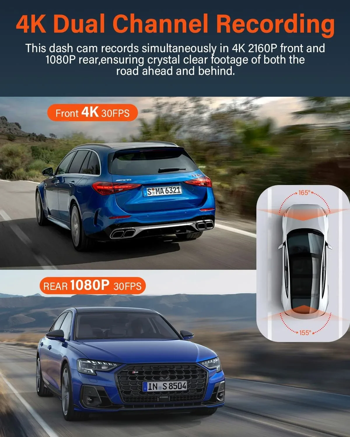 AMGEKE M8 4K Dual Dash Cam видеорегистратор за автомобил отпред и отзад с Wi‑Fi, GPS и 64GB microSD — снимка 2