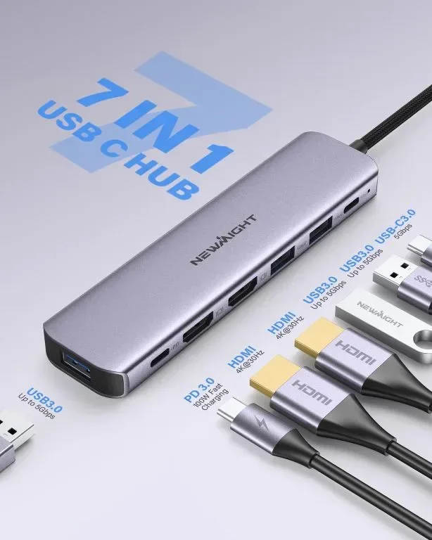 USB C към HDMI адаптер, Newmight 7 в 1 USB C докинг станция с 2 HDMI, 3 USB3.0, 100 W PD, USB C 3.0 — снимка 2