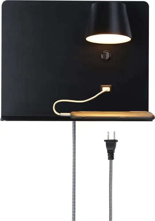 SUNLLOK Модерна LED стенна лампа с USB порт и рафт, черна