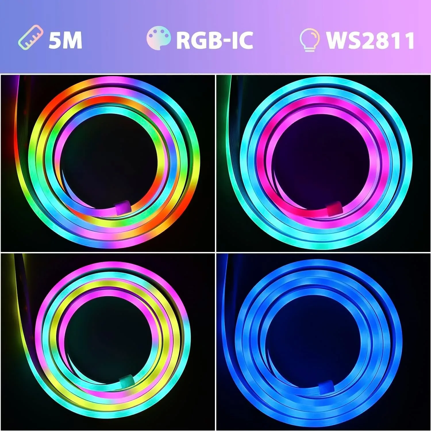 FWoche Magic Neon Lights RGB+IC LED неонова въжена светлина 5м с Bluetooth приложение и IR дистанционно — снимка 5