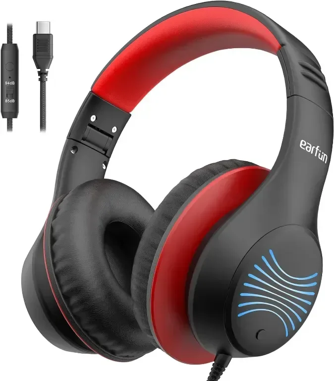 Детски слушалки EarFun с LED светлина, сгъваеми с микрофони, 85/94dB безопасно ограничение, Type-C