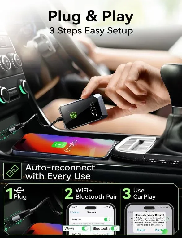 Безжичен адаптер Carplay за Apple, Carplay преобразува кабелен в безжичен CarPlay Dongle — снимка 2