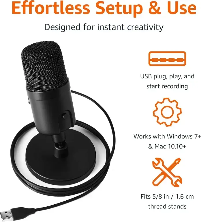 Мини USB кондензаторен кардиоиден микрофон Amazon Basics, черен — снимка 3
