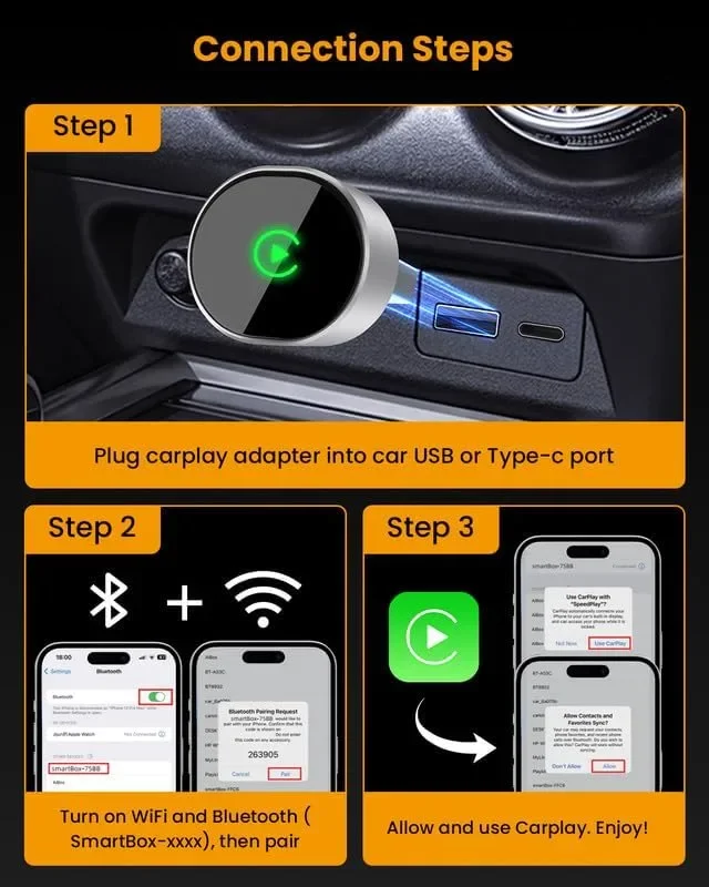 BANKKY безжичен CarPlay адаптер за iPhone (dongle), поддръжка за iOS 10+ — снимка 5