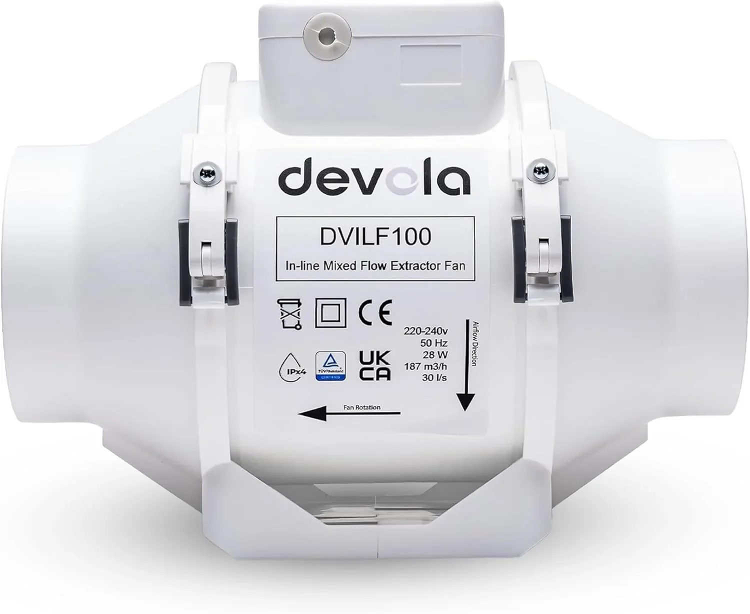 Devola DVILF100 100 мм вграден вентилатор за смесен поток (inline) за кухня и баня