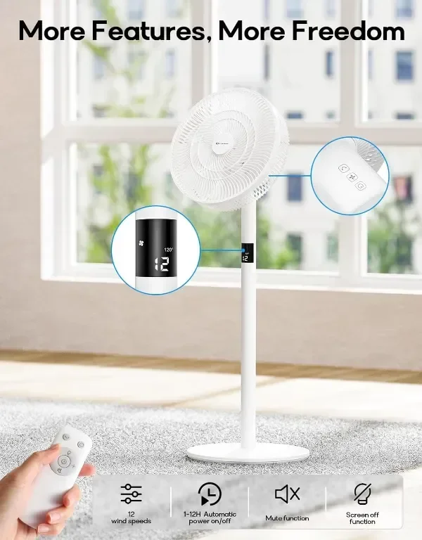 MYCARBON Вентилатор на стойка 23W, 12 скорости с дистанционно, регулируема височина, 3D осцилация — снимка 7
