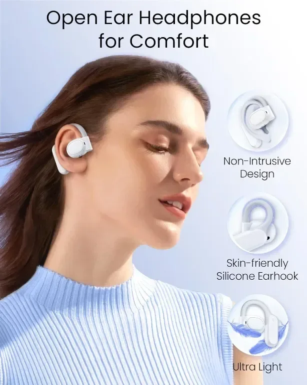 Слушалки с отворени уши, безжични Bluetooth 5.3 с калъф за зареждане с дигитален дисплей, IPX7, бели — снимка 3