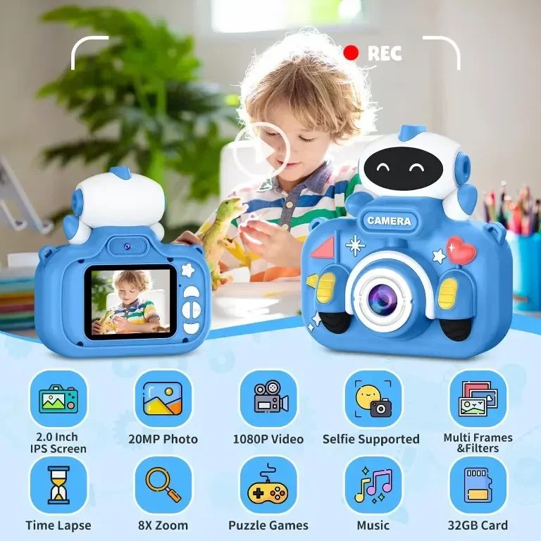 Детска камера GREENKINDER, 2,0 инча, 1080P HD с 32GB карта, за деца на възраст 3-12 години, синя — снимка 2