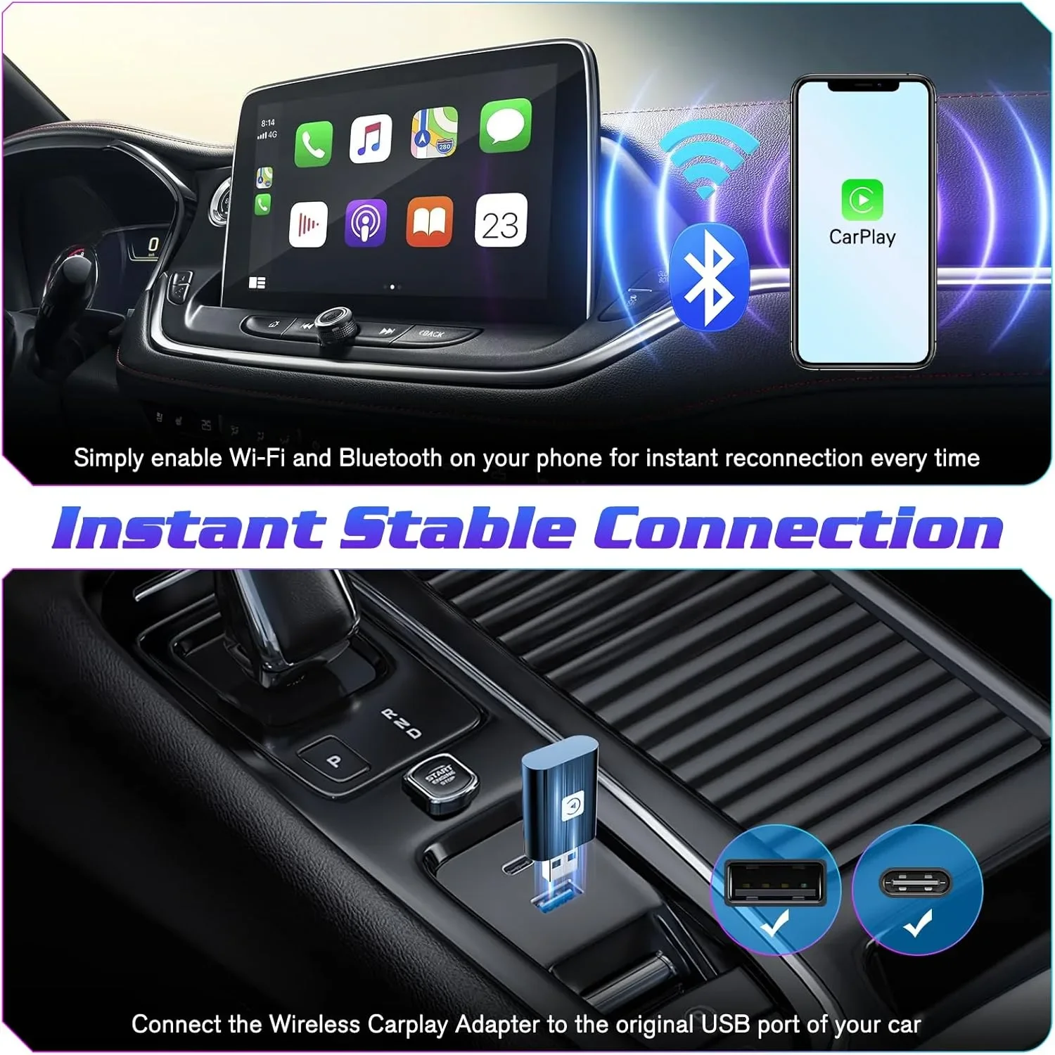 Мини безжичен CarPlay адаптер за iPhone (за iOS), с USB и Type-C кабел (НЕ за Android) — снимка 3