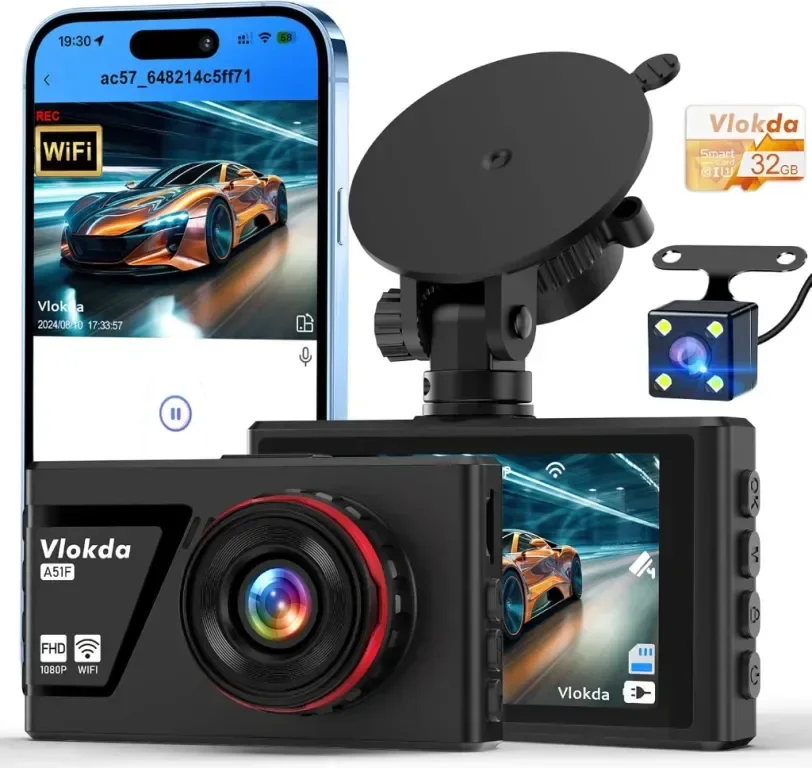 Dash Cam отпред и отзад, 1080P WiFi/APP контрол, 32GВ карта, нощно виждане, WDR, G-сензор
