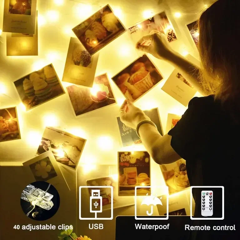 Феерични лампички, 2 броя по 12 метра/120 LED и 40 щипки, дистанционно, таймер, USB захранване — снимка 2