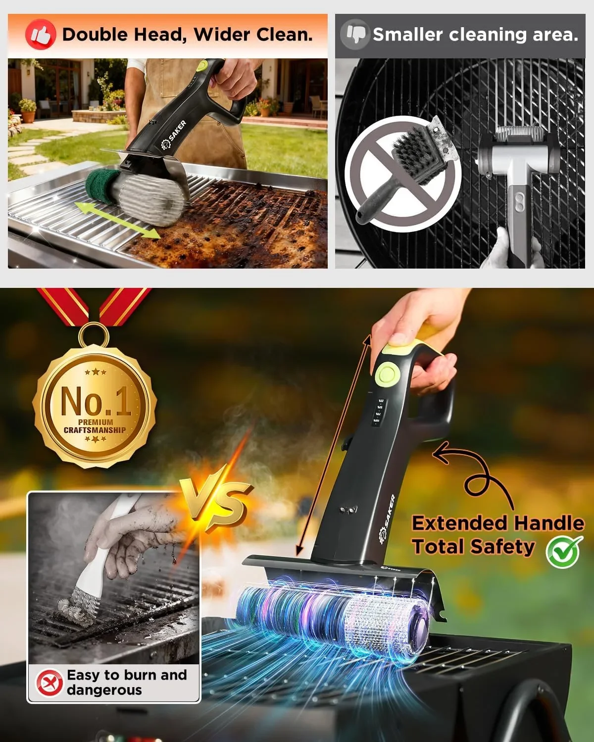 SAKER Electric Grill Brush HK05E-B – безжична почистваща четка за скара с LED фенер и 3 глави — снимка 9