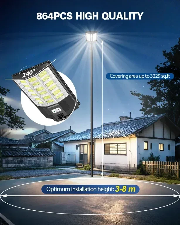 Worshow Соларна улична лампа 1000W, сензор за движение - 864LED 6500K, дистанционно, IP65 — снимка 3