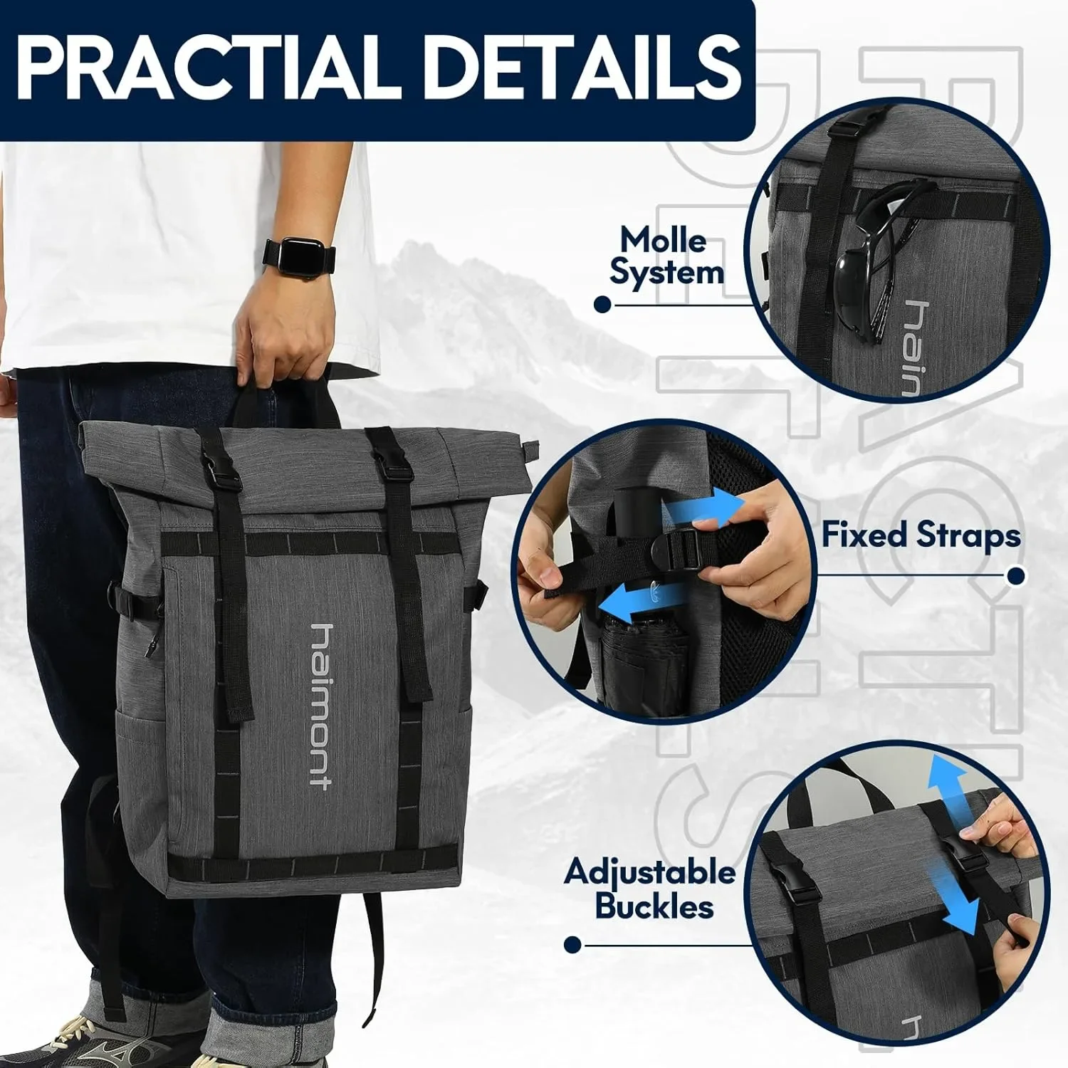 Раница Haimont Rolltop 20–30L, водоустойчива, с отделение за лаптоп, туристическа/ежедневна — снимка 5