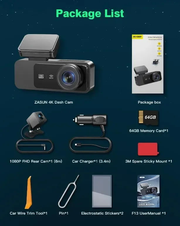 Автомобилна видеорегистраторна камера отпред и отзад 4K+1080P, UHD вграден WiFi с 64GB SD карта — снимка 7
