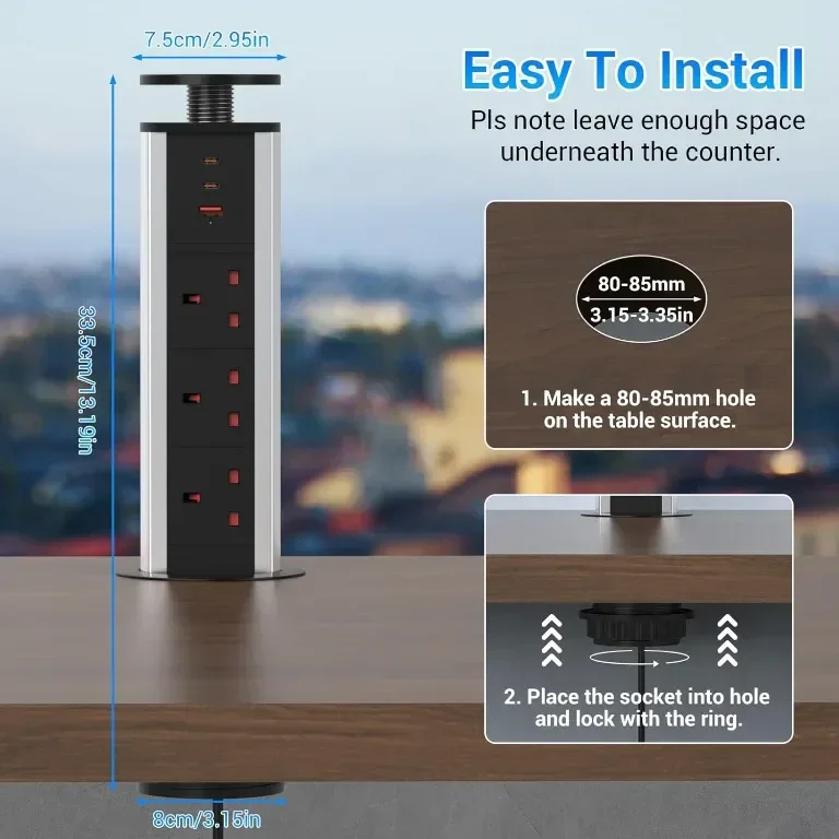 Hanstore Pop Up Socket Издърпващ се разклонител с 3 гнезда, 2 Type-C и 1 USB порт за зареждане — снимка 5