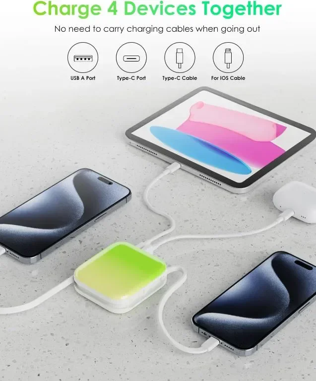 Преносимо зарядно Mini Power Bank, 22,5 W 10000 mAh, с вградени iOS и USB-C кабел — снимка 5