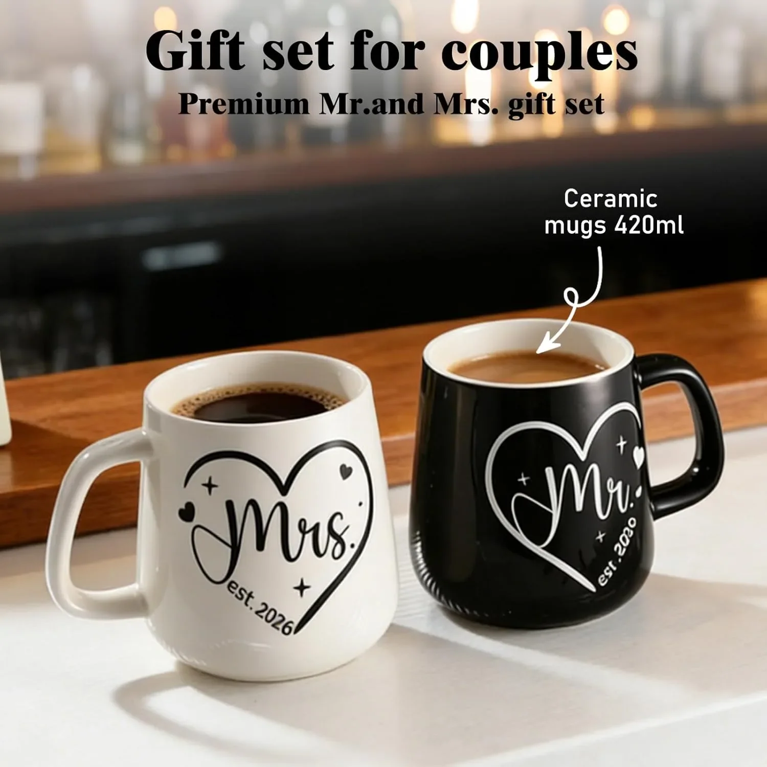 Подаръчен комплект за двойки от 2 керамични чаши Mr & Mrs, 420 ml — снимка 4