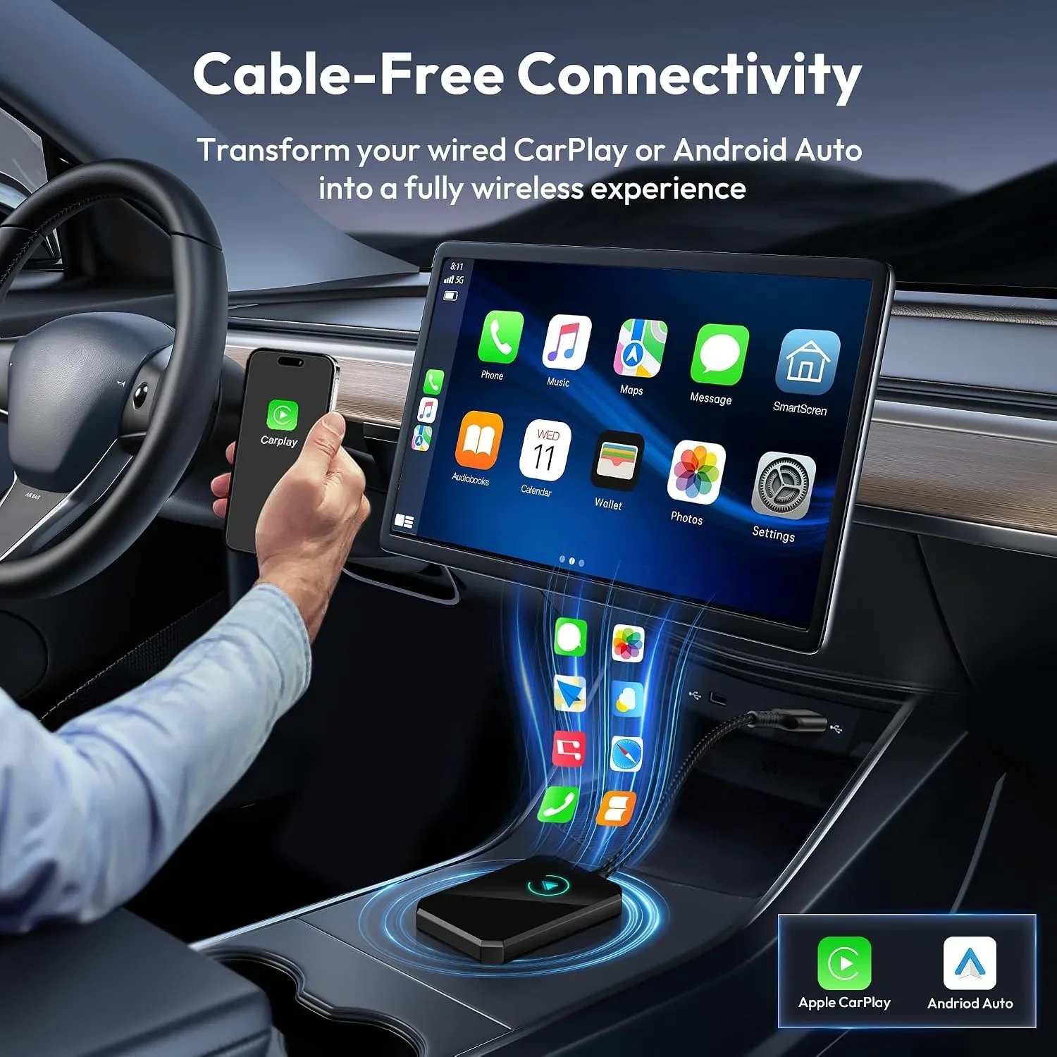Безжичен CarPlay и Android Auto адаптер 2-в-1 (Wi‑Fi/Bluetooth), за автомобили с кабелен CarPlay/Android Auto от 2015 г. — снимка 2