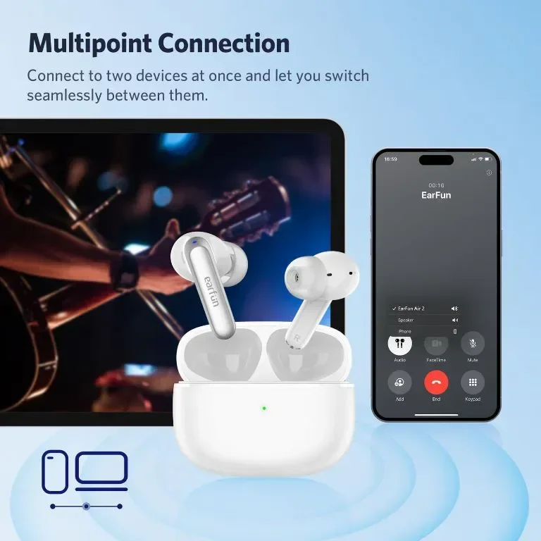 EarFun Wireless Earbuds Air 2, Bluetooth 5.3 слушалки с Hi-Res звук, LDAC, 4 ENC, IPX7, 40 часа, бял — снимка 5