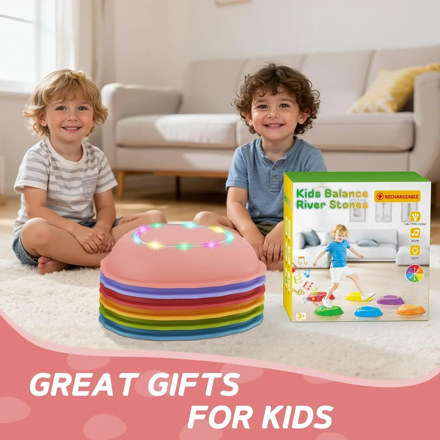 Kids Balance River Stones – сензорни стъпала за баланс с LED светлини, 3+ (неплъзгащи) — снимка 5