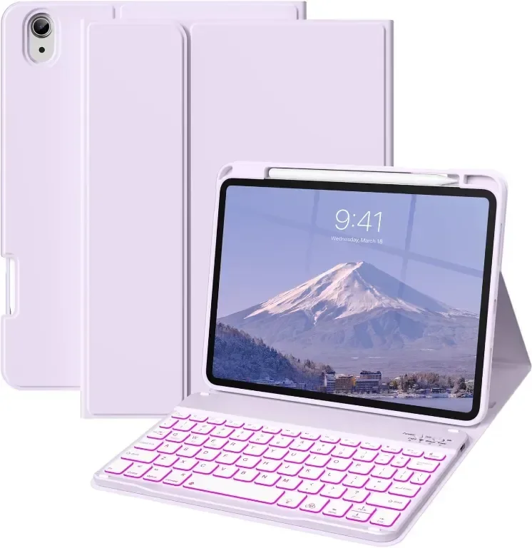 Калъф BQDIYOO с клавиатура за iPad 10-то поколение 10,9 инча, 7 цвята подсветка, лилав