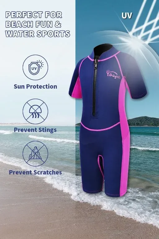 Yikayin Детски неопренов костюм Shorty, 2 mm Premium CR, розов, 10-13 години (L) — снимка 4