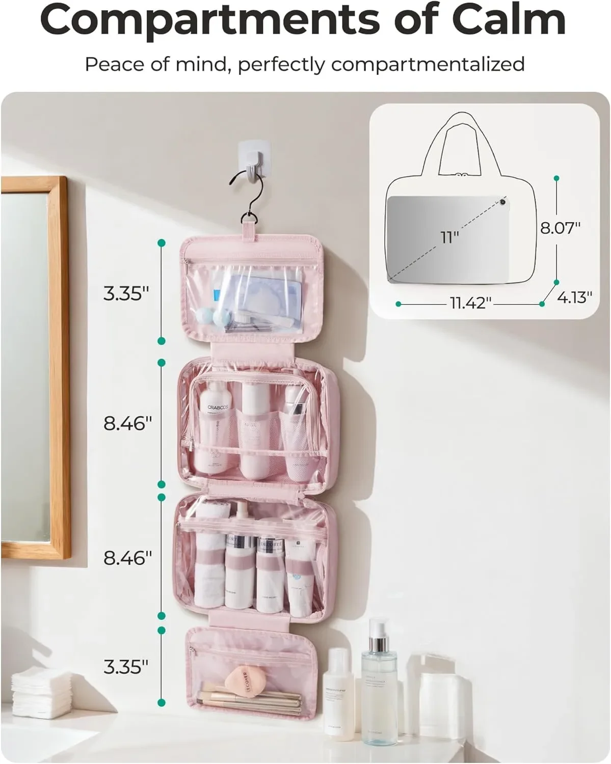 BAGSMART висяща пътна тоалетна чанта с кука, водоустойчива и с прозрачни отделения — снимка 2
