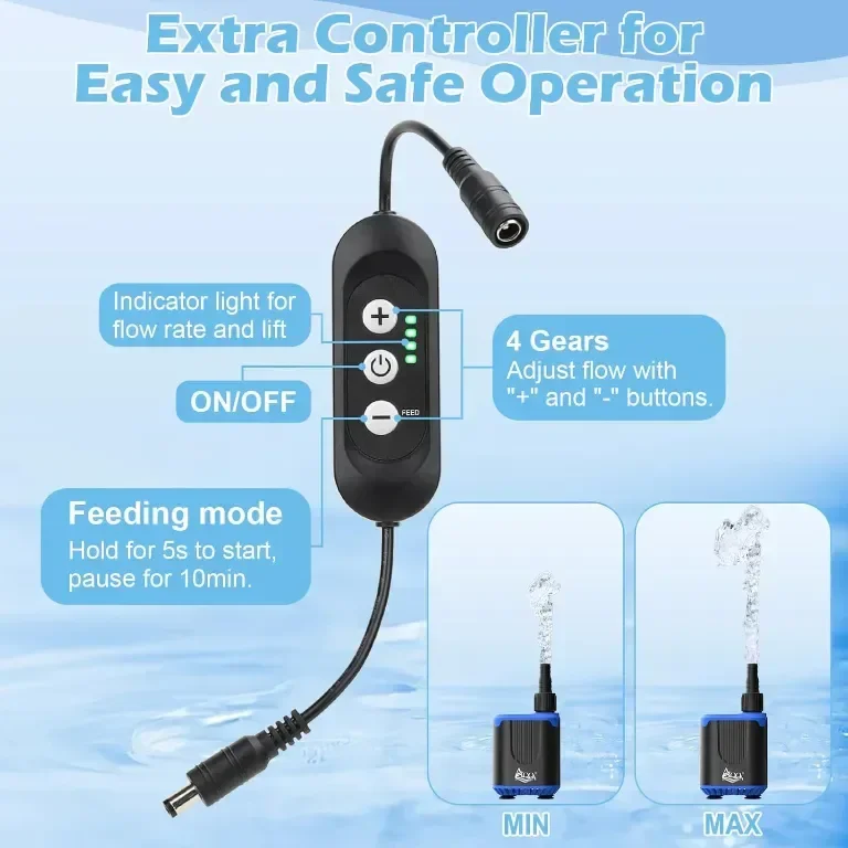 AQQA Потопяема водна помпа за аквариум, DC12V 900 л/ч с контролер, режим на захранване, 10W — снимка 3