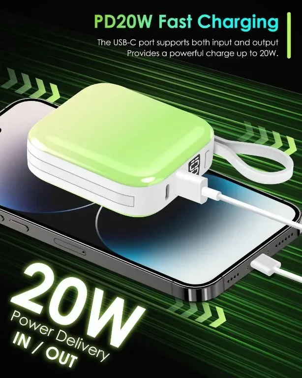 Преносимо зарядно Mini Power Bank, 22,5 W 10000 mAh, с вградени iOS и USB-C кабел — снимка 3