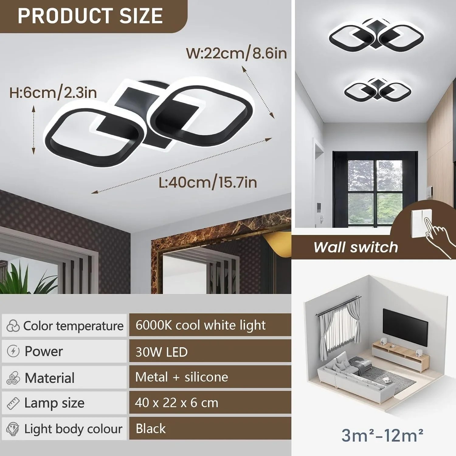 LED плафон/полилей за таван с две светещи модула 30W, 6000K, метал+силикон — снимка 2