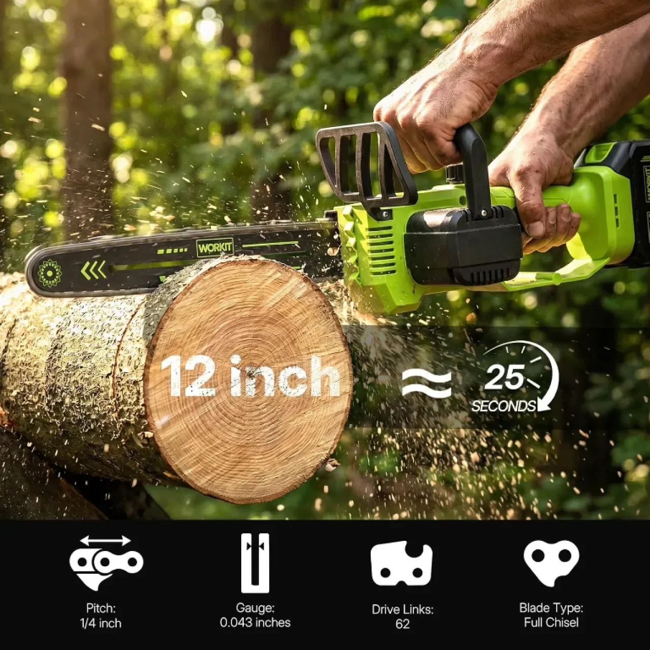 WORKIT 30 см безжичен верижен трион, 2 батерии по 4000 mAh — снимка 5
