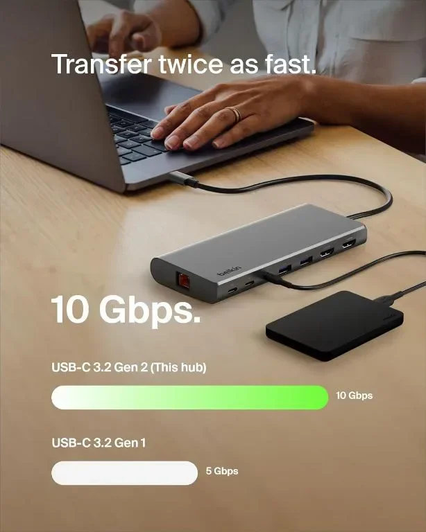 Belkin USB-C 8 в 1 хъб,2 USB-C, 2 USB-A, 2 HDMI, Ethernet и 100 W порт — снимка 3
