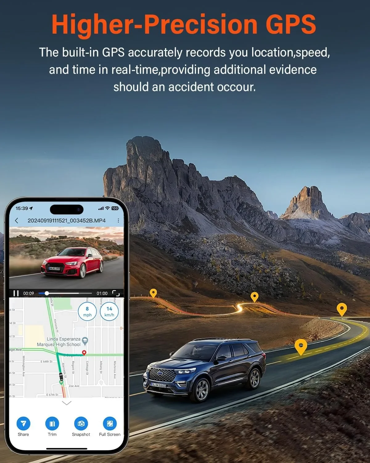 AMGEKE M8 4K Dual Dash Cam видеорегистратор за автомобил отпред и отзад с Wi‑Fi, GPS и 64GB microSD — снимка 4