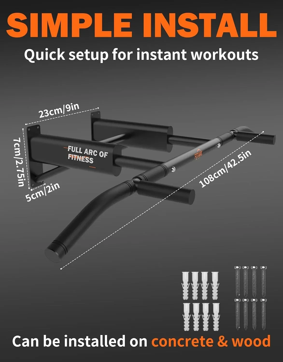 Щанга за набирания (pull-up bar) FITARC за стенен монтаж, до 200 кг — снимка 6