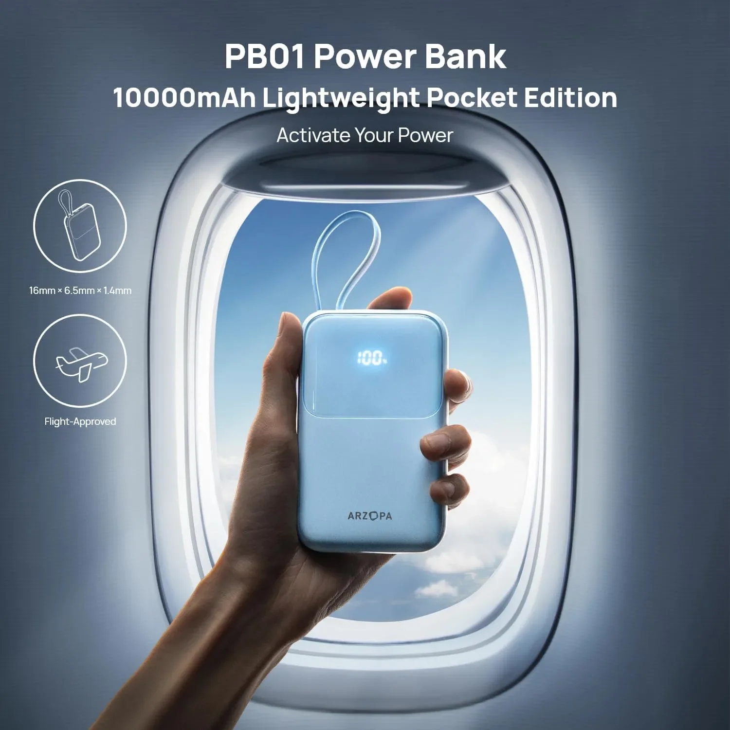 ARZOPA PB01 Power Bank 10000 mAh с вграден USB-C кабел и бързо зареждане до 22.5W — снимка 2