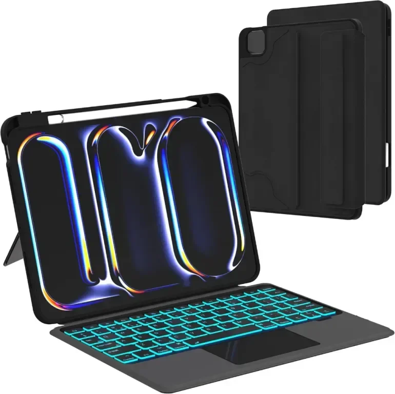 ROOFEI Калъф с клавиатура за iPad Pro 11-инчов (M4, 2024, A2836,A2837,A3006), 7 цветна подсветка