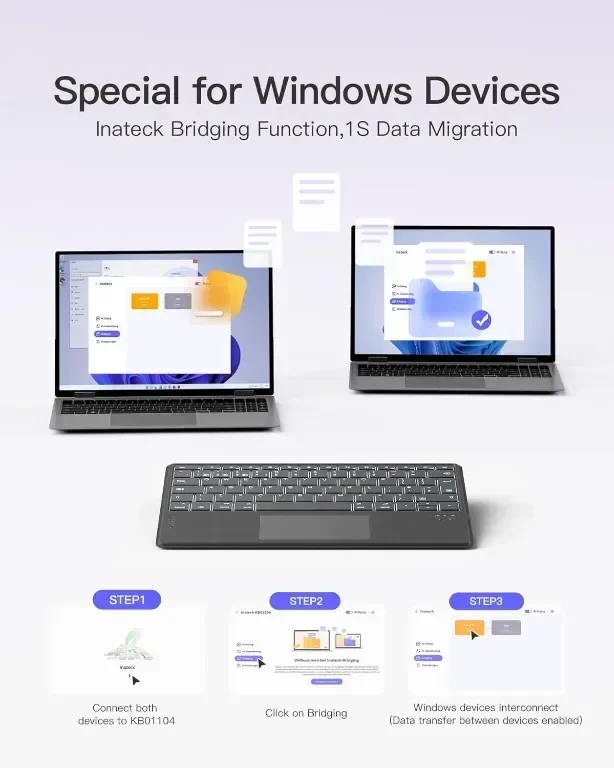 Клавиатура Inateck с тъчпад, AI функция, ултратънка Bluetooth за Windows/iPadOS/Android/iOS,KB01104 — снимка 5